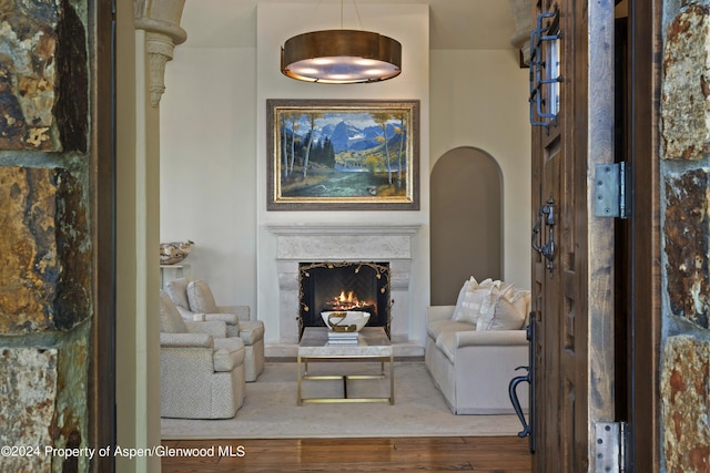 living room with a high end fireplace and wood-type flooring