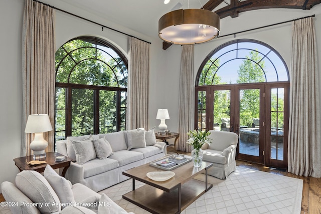 living room with vaulted ceiling, light hardwood / wood-style floors, a healthy amount of sunlight, and french doors