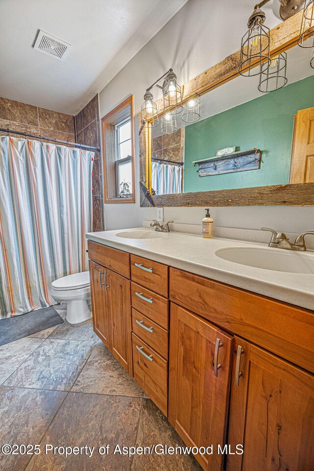 352 Lake View Rd, Hayden, CO 81639 - bathroom featuring stone finish flooring, double vanity, toilet, and a shower with shower curtain