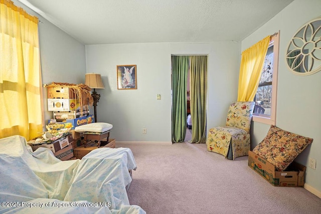 interior space with carpet floors, baseboards, and a textured ceiling