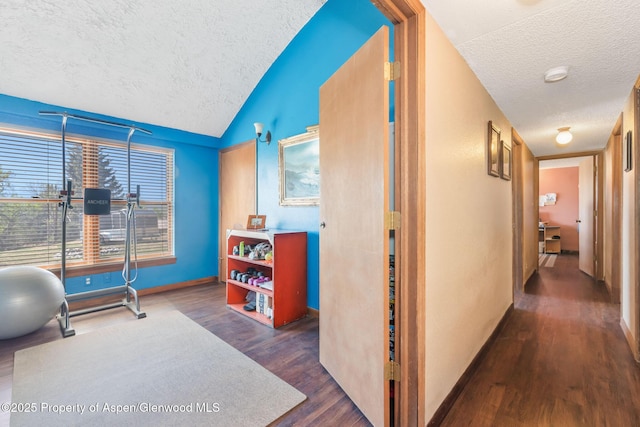 565 Sandrock Dr, Craig, CO 81625 - exercise room featuring a textured ceiling, wood finished floors, lofted ceiling, and baseboards