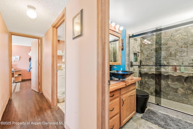 565 Sandrock Dr, Craig, CO 81625 - bathroom with a stall shower, vanity, a textured ceiling, wood finished floors, and toilet