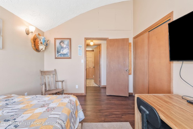 565 Sandrock Dr, Craig, CO 81625 - bedroom featuring lofted ceiling, dark wood-style floors, a closet, an office area, and a textured ceiling