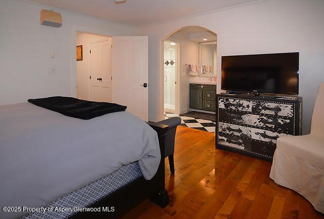 800 E Hopkins Ave Unit A-1, Aspen, CO 81611 - bedroom featuring arched walkways, wood finished floors, and connected bathroom