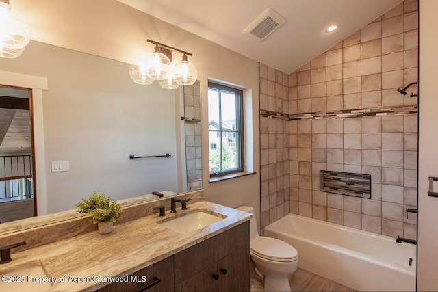 115 Sundance Trl, Carbondale, CO 81623 - full bathroom featuring double vanity, shower / tub combination, lofted ceiling, and recessed lighting