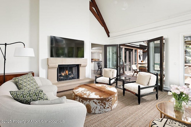 74 Pfister Dr Unit 101, Aspen, CO 81611 - living room featuring beam ceiling, a lit fireplace, wood finished floors, and high vaulted ceiling