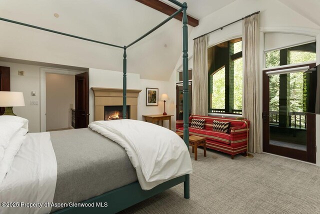 74 Pfister Dr Unit 101, Aspen, CO 81611 - bedroom with lofted ceiling, access to exterior, carpet flooring, and a lit fireplace
