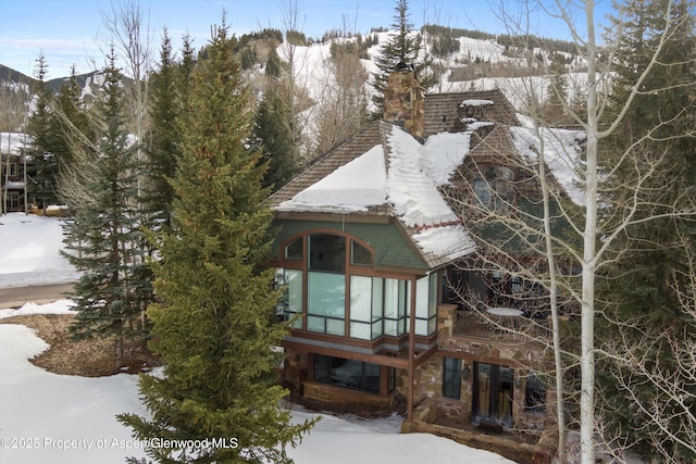 74 Pfister Dr Unit 101, Aspen, CO 81611 - view of snow covered exterior with a chimney and a mountain view