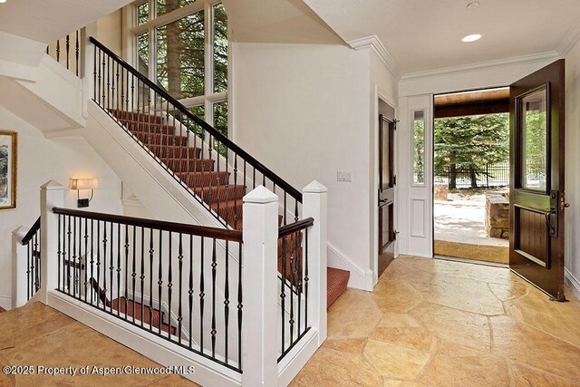 74 Pfister Dr Unit 101, Aspen, CO 81611 - entryway with stone finish flooring, baseboards, ornamental molding, and recessed lighting