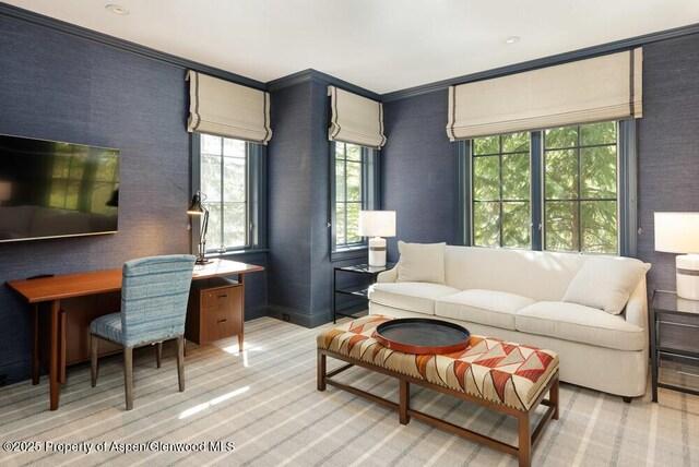 74 Pfister Dr Unit 101, Aspen, CO 81611 - living area featuring light carpet, baseboards, and ornamental molding