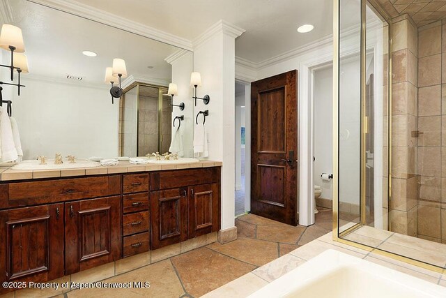 74 Pfister Dr Unit 101, Aspen, CO 81611 - bathroom featuring toilet, double vanity, ornamental molding, a tub, and recessed lighting