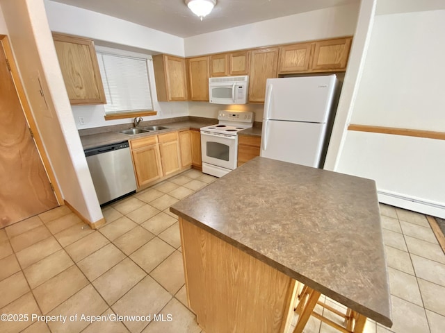 kitchen with sink, light brown cabinets, a baseboard radiator, white appliances, and light tile patterned floors