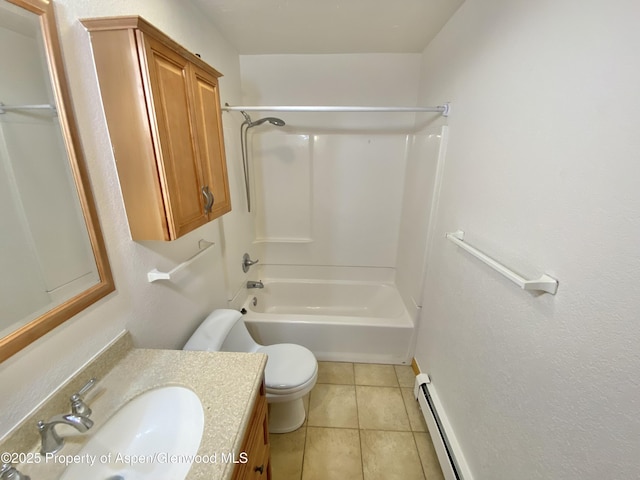 full bathroom with a baseboard heating unit, tile patterned floors, toilet, shower / washtub combination, and vanity