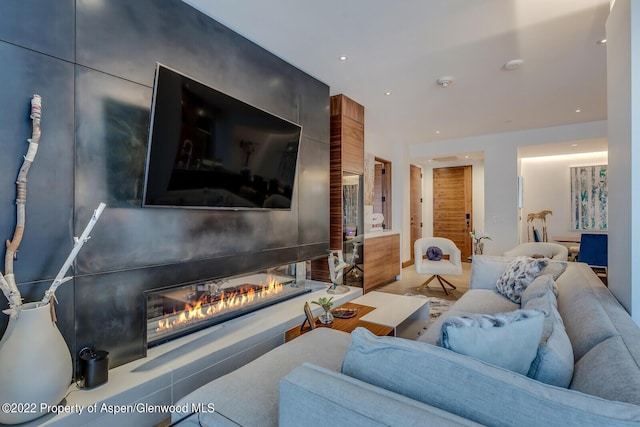 living room with hardwood / wood-style flooring and a fireplace