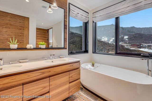 bathroom featuring tile patterned flooring, a mountain view, a bath, and vanity