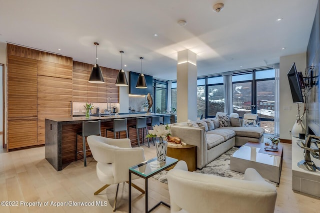 living room featuring wooden walls, light hardwood / wood-style flooring, and a wall of windows