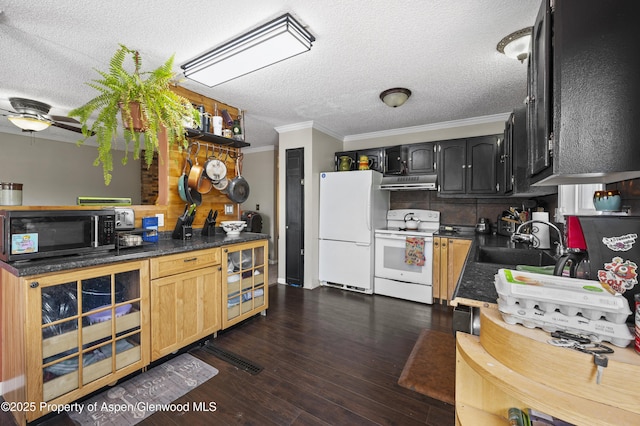1617 W 7th St, Rifle, CO 81650 - kitchen featuring white appliances, under cabinet range hood, ornamental molding, a textured ceiling, and wine cooler