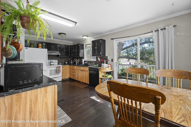 1617 W 7th St, Rifle, CO 81650 - kitchen featuring black appliances, under cabinet range hood, decorative backsplash, a textured ceiling, and ornamental molding