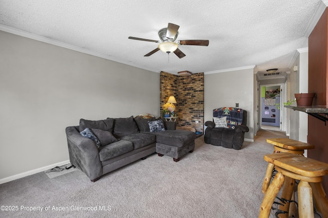 1617 W 7th St, Rifle, CO 81650 - carpeted living room featuring ceiling fan, crown molding, and a textured ceiling