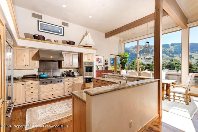 kitchen featuring ventilation hood, a mountain view, beam ceiling, and appliances with stainless steel finishes