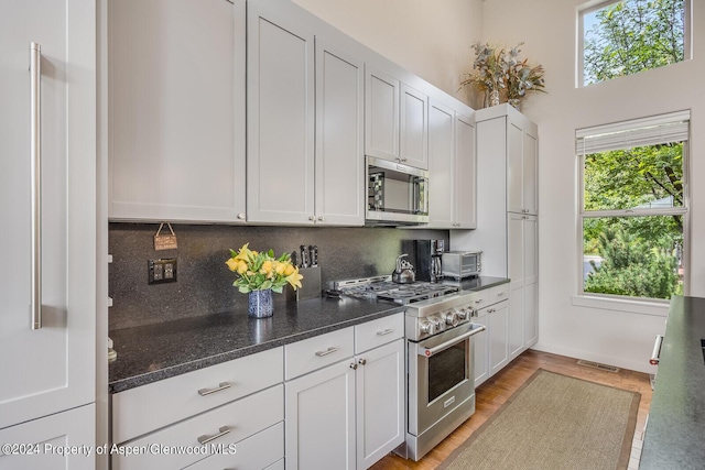 64 White Peaks Ln, Glenwood Springs, CO 81601 - kitchen with stainless steel appliances, decorative backsplash, light wood-type flooring, and white cabinetry