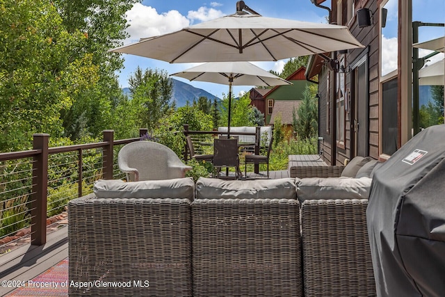 64 White Peaks Ln, Glenwood Springs, CO 81601 - view of patio featuring an outdoor hangout area, a mountain view, and outdoor dining area