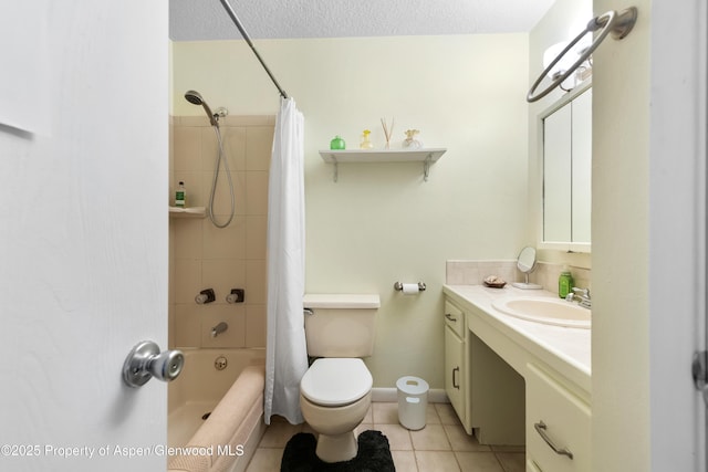 bathroom featuring tile patterned flooring, toilet, vanity, shower / bathtub combination with curtain, and a textured ceiling