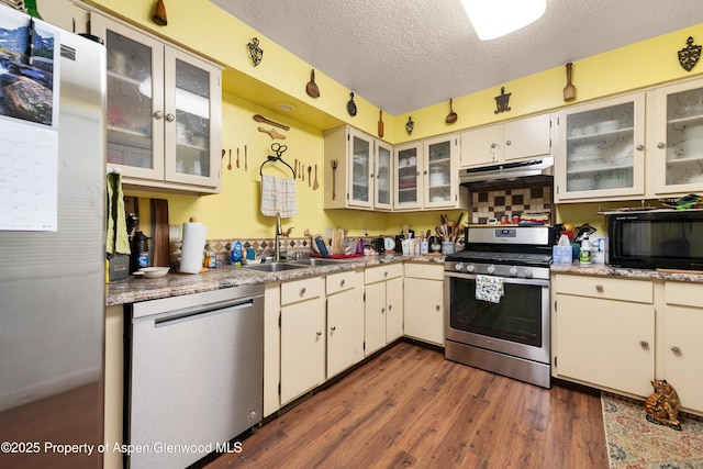 kitchen featuring appliances with stainless steel finishes, under cabinet range hood, a sink, dark wood-style flooring, and a textured ceiling