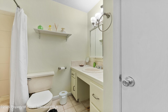 bathroom featuring toilet, tile patterned flooring, curtained shower, and vanity