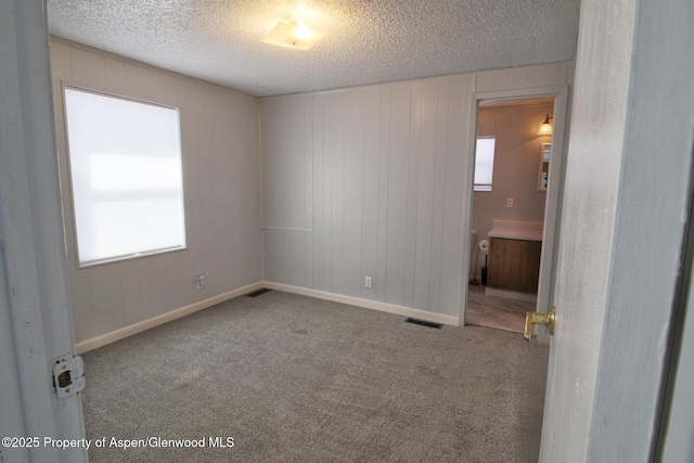 22 W Silver Bell Pl, Parachute, CO 81635 - spare room featuring wooden walls, a textured ceiling, carpet, baseboards, and visible vents
