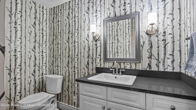 3 Red Wing Ln, Carbondale, CO 81623 - bathroom featuring wallpapered walls, toilet, and vanity
