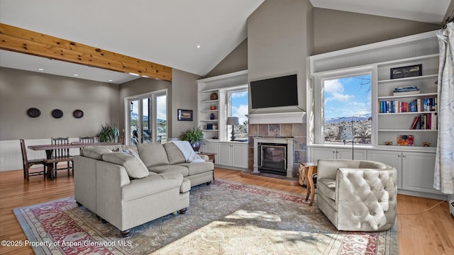 3 Red Wing Ln, Carbondale, CO 81623 - living area with recessed lighting, light wood-style floors, a tiled fireplace, and high vaulted ceiling