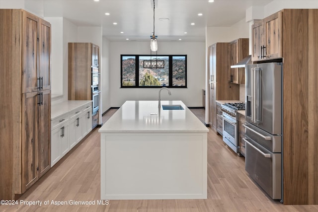 kitchen with premium appliances, an island with sink, extractor fan, decorative light fixtures, and white cabinets