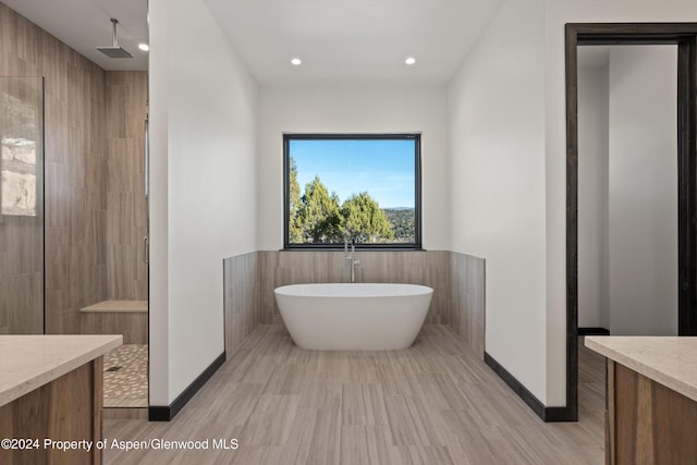 bathroom with shower with separate bathtub and vanity