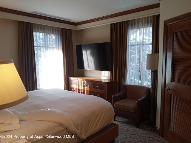 bedroom featuring ornamental molding and multiple windows