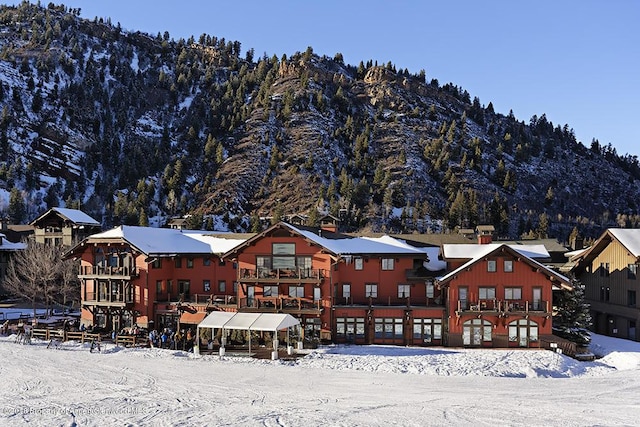 snow covered rear of property featuring a mountain view