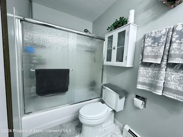 bathroom with baseboard heating, toilet, a textured ceiling, and combined bath / shower with glass door