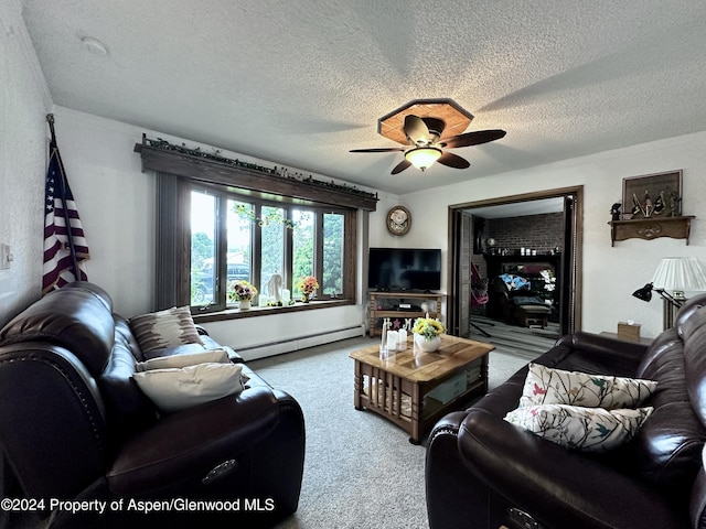 carpeted living room featuring a textured ceiling, ceiling fan, and baseboard heating