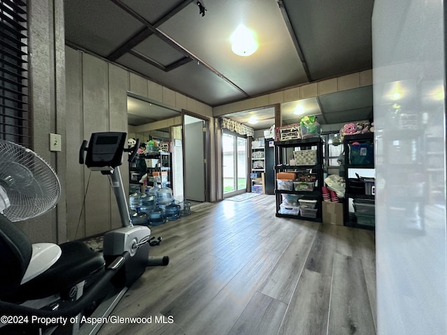 workout room featuring hardwood / wood-style floors