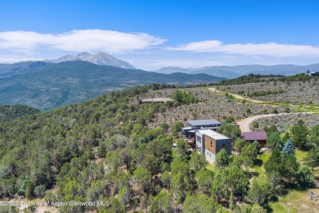 bird's eye view with a mountain view and a view of trees