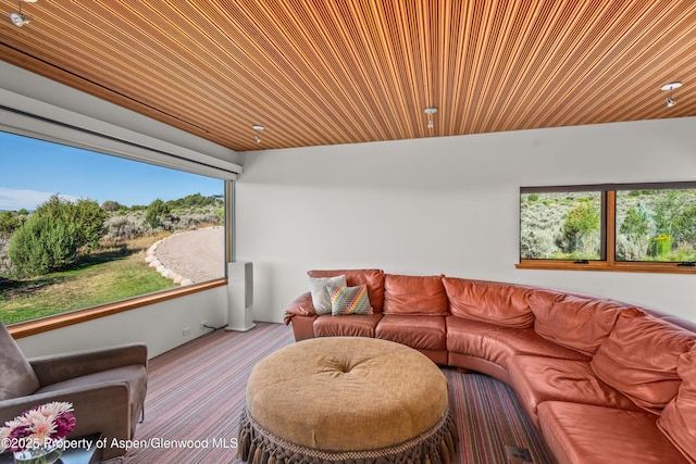 living room with wood ceiling, a wealth of natural light, and wood finished floors