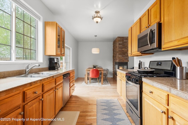 121 Ranch Creek Ln, Carbondale, CO 81623 - kitchen with stainless steel appliances, a sink, a fireplace, light wood finished floors, and tile counters