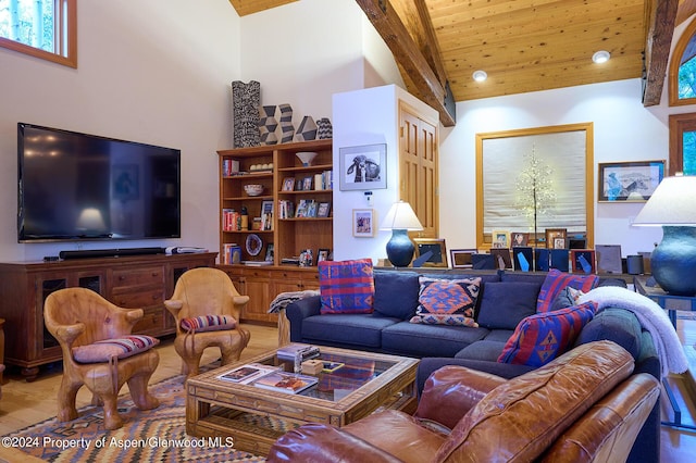 living room with beamed ceiling, wood ceiling, and high vaulted ceiling