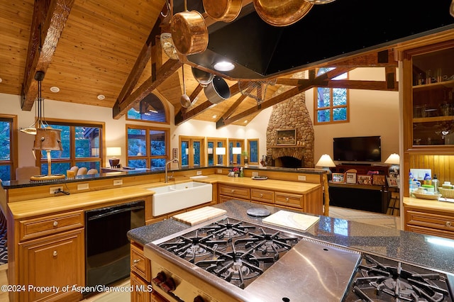 kitchen with beam ceiling, sink, wood ceiling, and black dishwasher