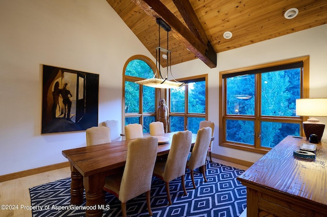 dining space featuring lofted ceiling with beams, hardwood / wood-style flooring, and wooden ceiling