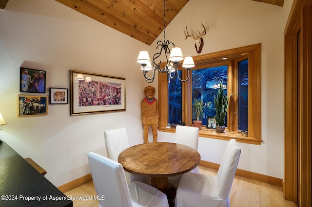 dining room featuring light hardwood / wood-style floors, vaulted ceiling, wooden ceiling, and a notable chandelier