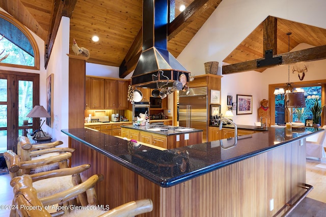 kitchen with a large island, an inviting chandelier, high vaulted ceiling, island exhaust hood, and appliances with stainless steel finishes