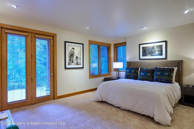 carpeted bedroom featuring access to exterior and multiple windows