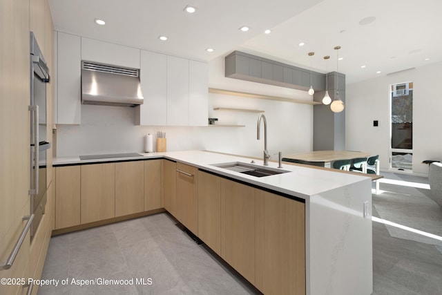 211 W Main St, Aspen, CO 81611 - kitchen featuring a sink, under cabinet range hood, modern cabinets, a peninsula, and black electric stovetop