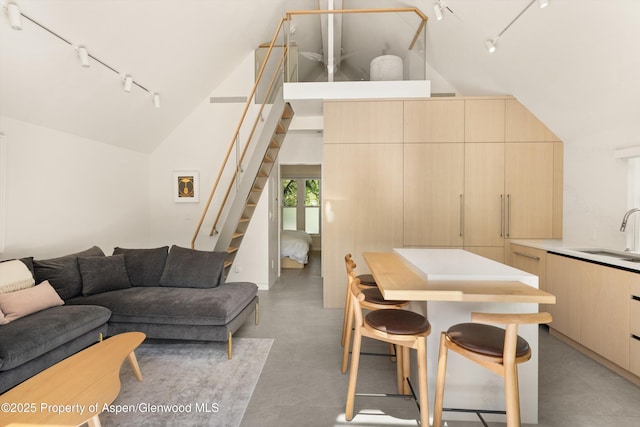 211 W Main St, Aspen, CO 81611 - living area with rail lighting, stairs, finished concrete floors, and high vaulted ceiling